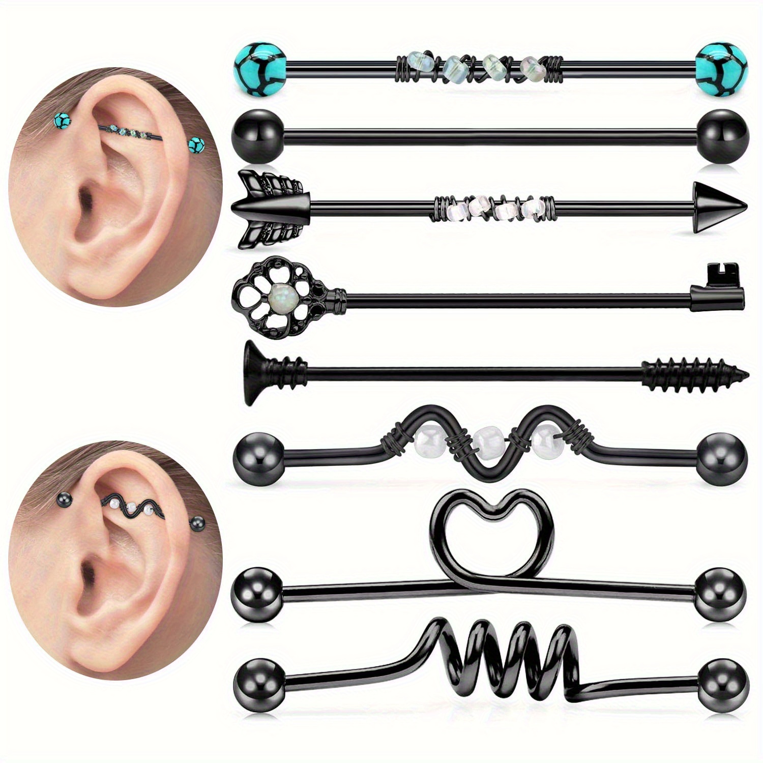 Body Jewelry Industrial - 8 szt. kolczyków industrialnych ze stali